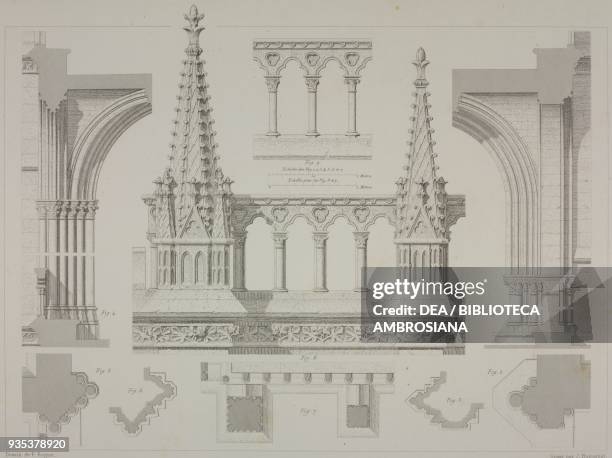 Architectural details and sections of the portico of Sainte-Chapelle in Paris, France, drawing by Felix Rouguet, engraving by Auguste Guillaumot,...