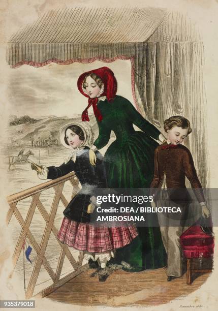 Girl wearing a tartan skirt and dark velvet cloak, woman wearing an amazon-style dress, baby wearing a wool satin jacket and trousers, illustration...