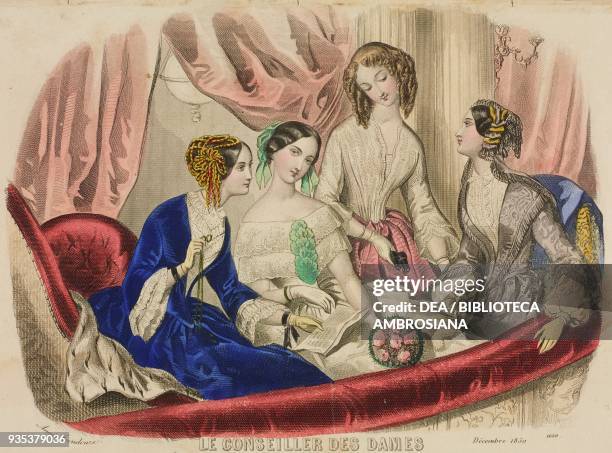 Four young women on a theatre stage: velvet dress with Charles VII coat, crepe dress, tartan taffeta dress, damask dress, illustration by Adele-Anais...