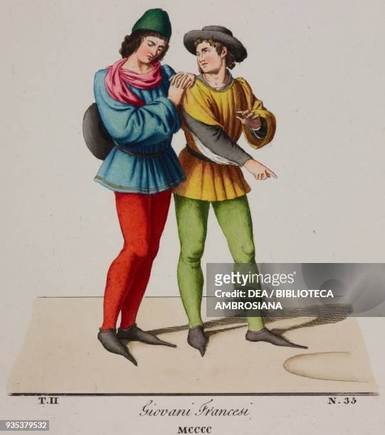 Young fifteenth-century French men wearing hats and pointy shoes, illustration from Historical Costumes from the 13th-15th Centuries by Camillo...