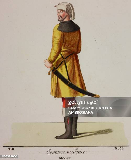 Fifteenth-century military uniform, soldier with cap and scabbard , illustration from Historical Costumes from the 12th-15th Centuries Camillo...