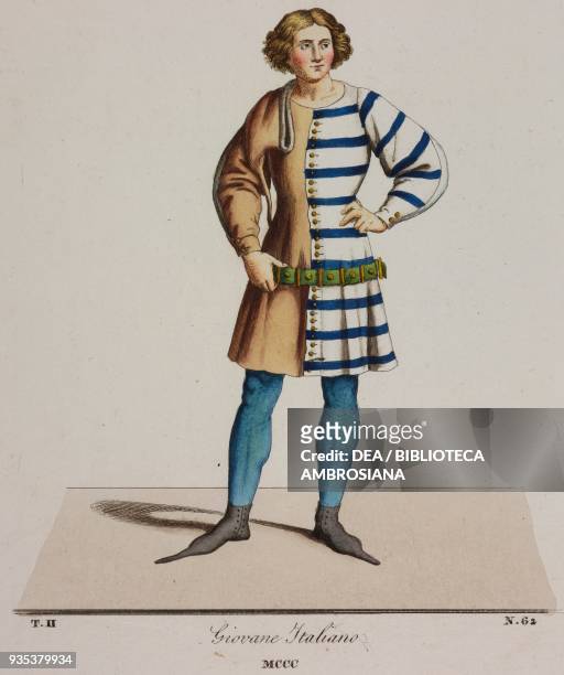 Young fourteenth century Italian man wearing a tunic, one side tan brown and the other striped, illustration from Historical Costumes from the...