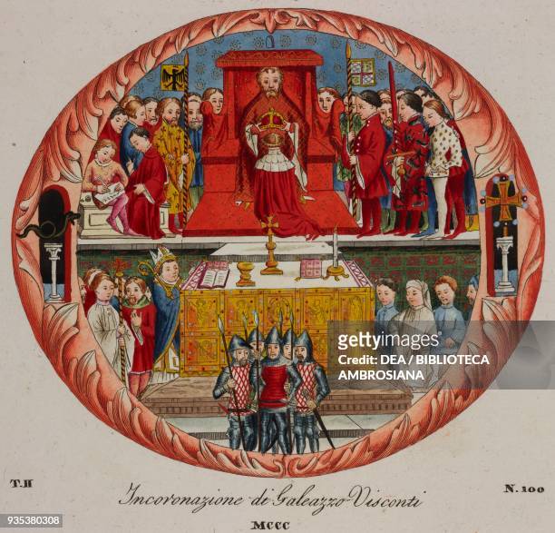 Coronation of Gian Galeazzo Visconti, Duke of Milan in 1395 in the churchyard of the Church of Sant'Ambrogio , illustration from Historical Costumes...