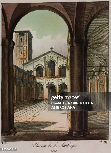 Basilica of Sant'Ambrogio in Milan, Italy, coloured engraving from 13th, 14th, 15th centuries habits extracted from the most genuine monuments of...