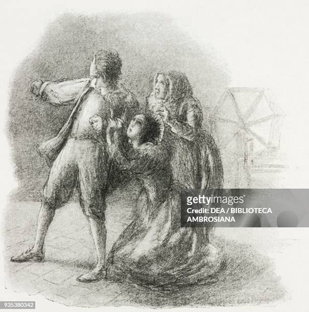 Lucia on her knees begging Renzo, and consenting to the surprise wedding, illustration by Gaetano Previati , from The Betrothed, A Milanese story of...