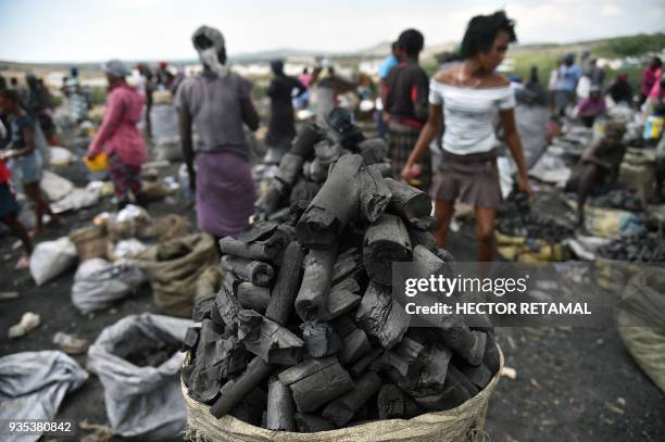 Charcoal sellers wait for customers at the Titanyen Market outside of Port-au-Prince, Haiti on March 20, 2018. This market is filled with sellers and...