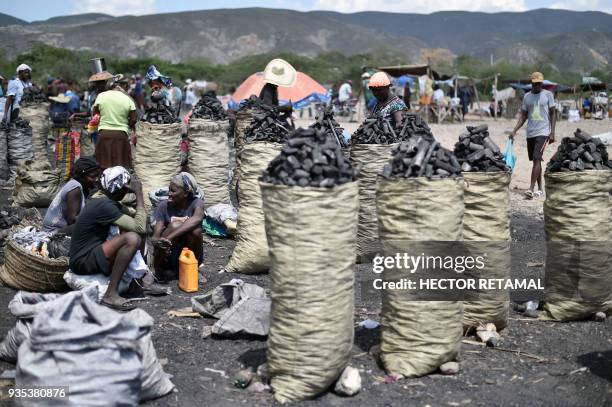 Charcoal sellers wait for customers at the Titanyen Market outside of Port-au-Prince, Haiti on March 20, 2018. This market is filled with sellers and...