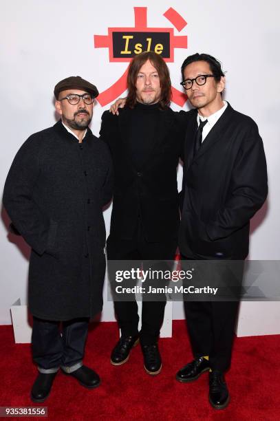 Shadi, Norman Reedus, Kunichi Nomura attends the "Isle Of Dogs" New York Screening at The Metropolitan Museum of Art on March 20, 2018 in New York...