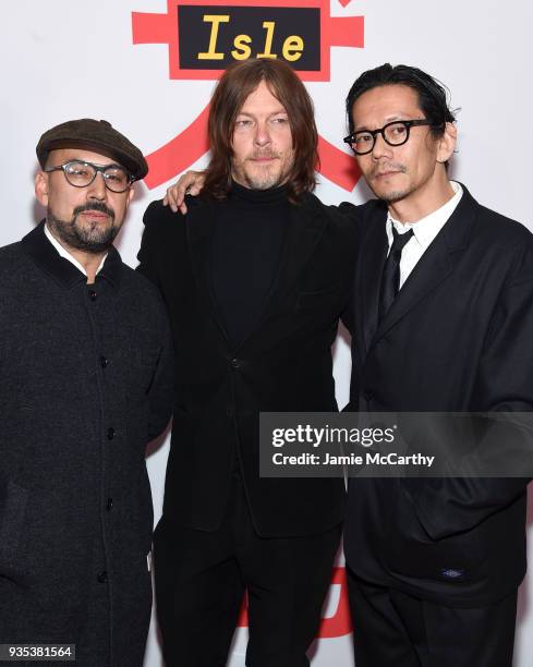 Shadi, Norman Reedus, Kunichi Nomura attends the "Isle Of Dogs" New York Screening at The Metropolitan Museum of Art on March 20, 2018 in New York...