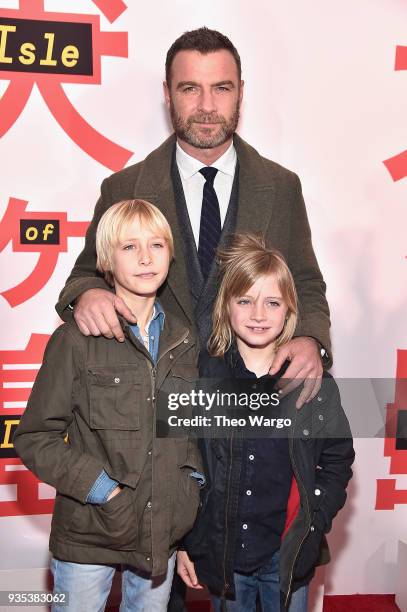 Alexander Pete Schreiber, Liev Schreiber and Samuel Kai Schreiber attend the "Isle Of Dogs" New York Screening at The Metropolitan Museum of Art on...