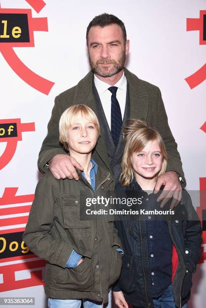 Alexander Pete Schreiber, Liev Schreiber and Samuel Kai Schreiber attend the "Isle Of Dogs" New York Screening at The Metropolitan Museum of Art on...