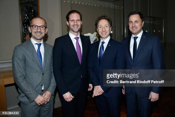 Lionel Bounoua, Gauthier Destenay, Stephane Bern and Prime Minister of Luxembourg Xavier Bettel attend the Reception given by LL.AA.RR. Grand-Duc...