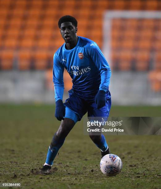 Tobi Omole of Arsenal during the match between Blackpool and Arsenal at Bloomfield Road on March 20, 2018 in Blackpool, England.