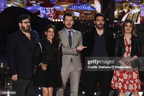 Giuseppe Battiston, Giulia Michelini, Alessandro Cattelan, Edoardo Leo and Margherita Buy attend 'E Poi C'e' Cattelan' tv show on March 20, 2018 in...