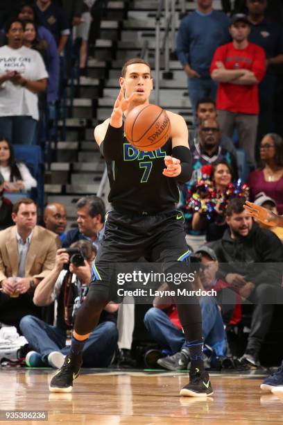 Dwight Powell of the Dallas Mavericks handles the ball against the New Orleans Pelicans on March 20, 2018 at the Smoothie King Center in New Orleans,...