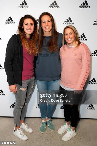 Abbie Brown, Emily Scarratt and Natasha Hunt attend the new adidas store launch event in Westfield London's £600m expansion. The new adidas store is...