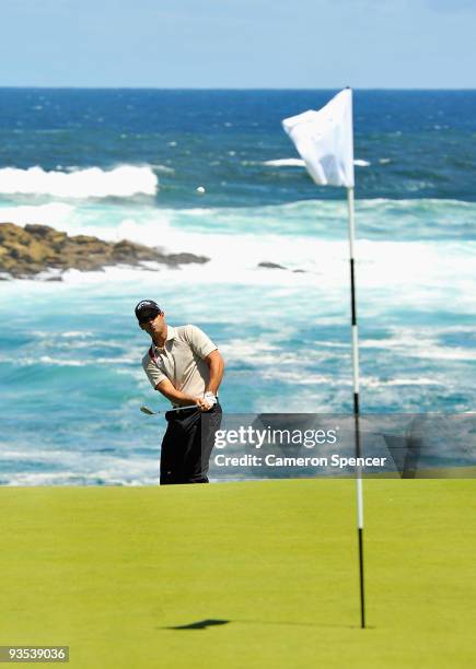 James Nitties of Australia plays a shot during a practice round ahead of the 2009 Australian Open Golf Championship at New South Wales Golf Club on...