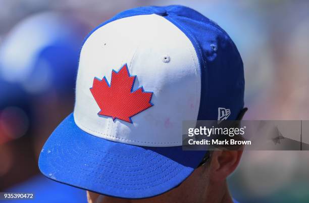 Detailed view of the Toronto Blue Jays ball cap during the spring training game between the Atlanta Braves and the Toronto Blue Jays at Champion...