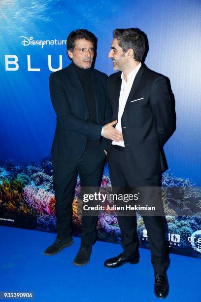 French actors Pascal Elbe and Ary Abittan attend "Blue" Paris Premiere at Mk2 Bibliotheque on March 20, 2018 in Paris, France.