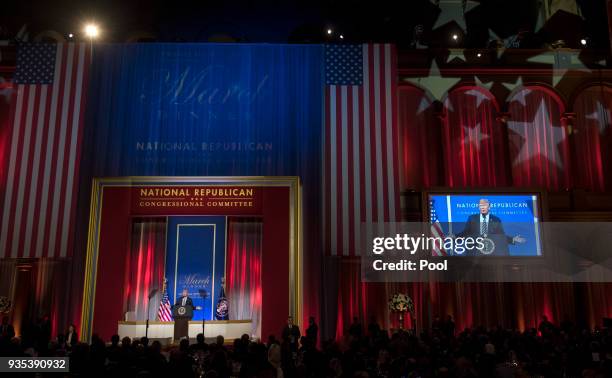 President Donald Trump delivers remarks at the National Republican Congressional Committee March Dinner at the National Building Museum on March 20,...