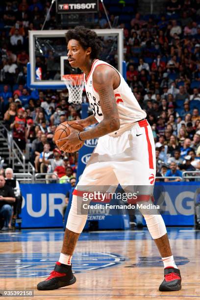 Lucas Nogueira of the Toronto Raptors handles the ball against the Orlando Magic on March 20, 2018 at Amway Center in Orlando, Florida. NOTE TO USER:...