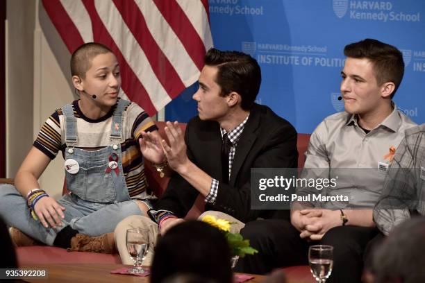 Survivors of Stoneman Douglas High School shooting Emma Gonzalez, David Hogg and Cameron Kasky speak at a panel discussion titled "#NEVERAGAIN: How...