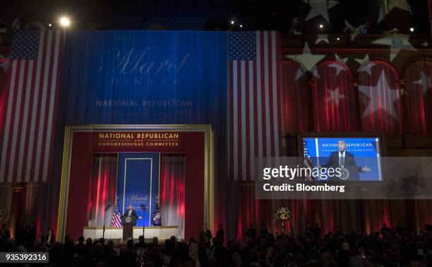 President Donald Trump delivers a speech at the National Republican Congressional Committee annual March Dinner at the National Building Museum in...