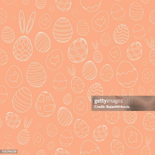 easter eggs, rabbit ears and bunny seamless pattern. orange background. vector illustration. - easter bunny ears stock illustrations