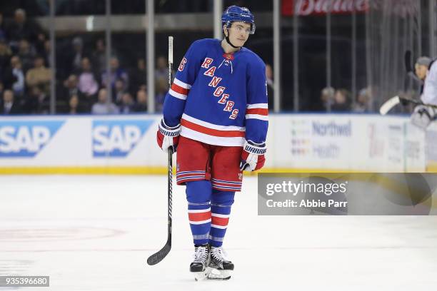 Jimmy Vesey of the New York Rangers reacts after a goal by Artemi Panarin of the Columbus Blue Jackets in the second period during their game at...