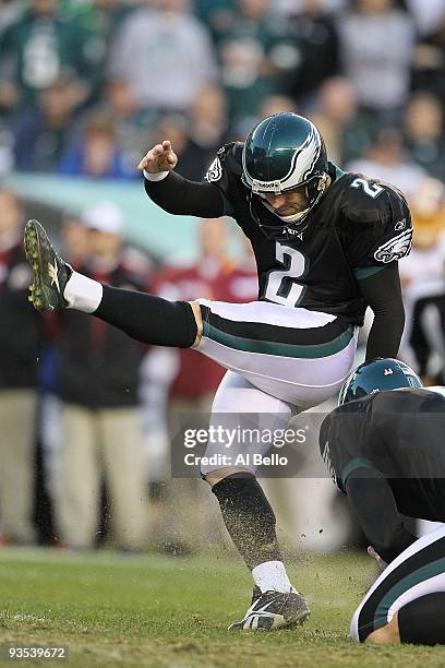 David Akers of the Philadelphia Eagles kicks the winning field goal against the Washington Redskins during their game at Lincoln Financial Field on...