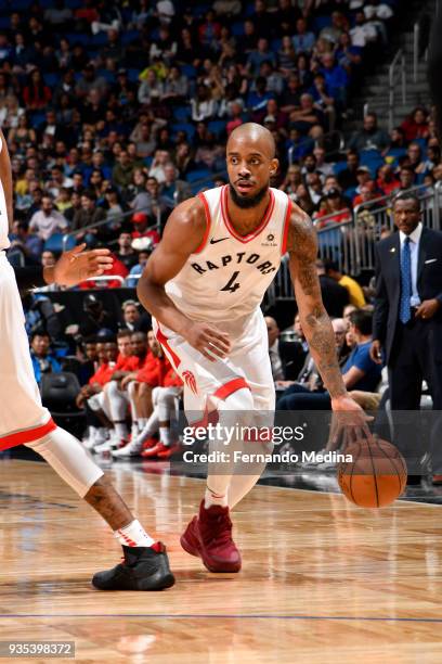 Lorenzo Brown of the Toronto Raptors handles the ball against the Orlando Magic on March 20, 2018 at Amway Center in Orlando, Florida. NOTE TO USER:...