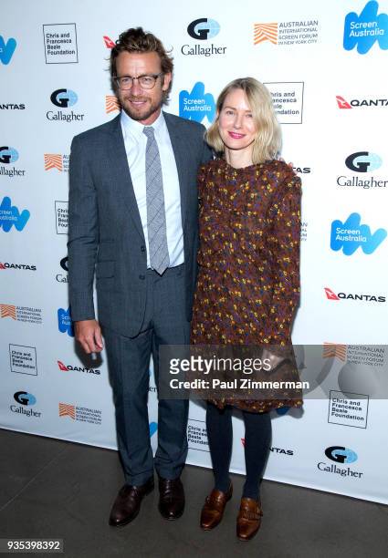 Actors Simon Baker and Naomi Watts attend the "Breath" premiere during the Australian International Screen Forum at Francesca Beale Theater on March...