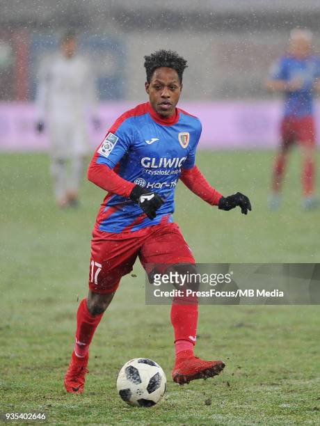 Joel Valencia of Piast Gliwice in action during Lotto Ekstraklasa match between Piast Gliwice and Zaglebie Lubin on March 16, 2018 in Gliwice, Poland.