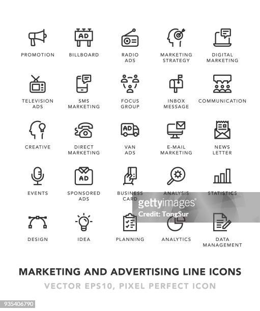 marketing und werbung linie symbole - marketing digital stock-grafiken, -clipart, -cartoons und -symbole