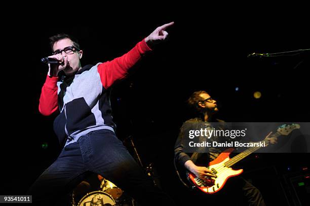 Rivers Cuomo and Scott Shriner of Weezer perform at the Aragon Ballroom on December 1, 2009 in Chicago, Illinois.