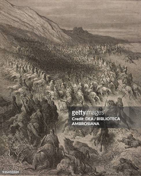 The Crusader army surrounded by the Muslim army , Third Crusade, engraving by Gustave Dore from History of the Crusades by Joseph-Francois Michaud ,...