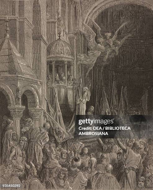 Enrico Dandolo, Doge of Venice, calling for the crusade in St Mark's Basilica, engraving by Gustave Dore from History of the Crusades by...