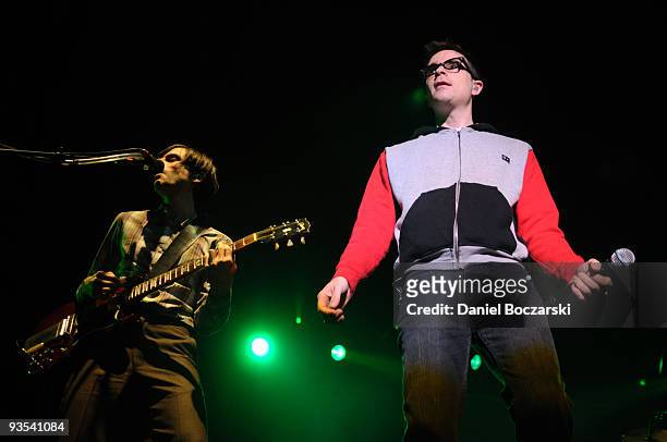 Brian Bell and Rivers Cuomo of Weezer perform at the Aragon Ballroom on December 1, 2009 in Chicago, Illinois.