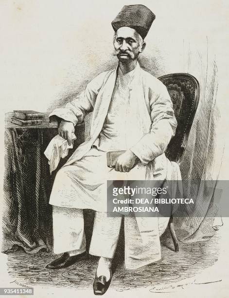 Rich Parsi man, engraving from India: travel in Central India and Bengal by Louis Rousselet .