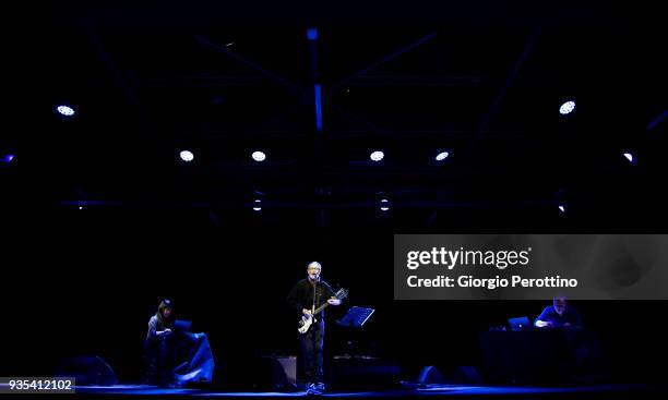 Arto Lindsay performs live during his show called 'Understatements Arto Lindsay ft. Ikue Mori & Stefan Brunner @OGR' on March 17, 2018 in Turin,...