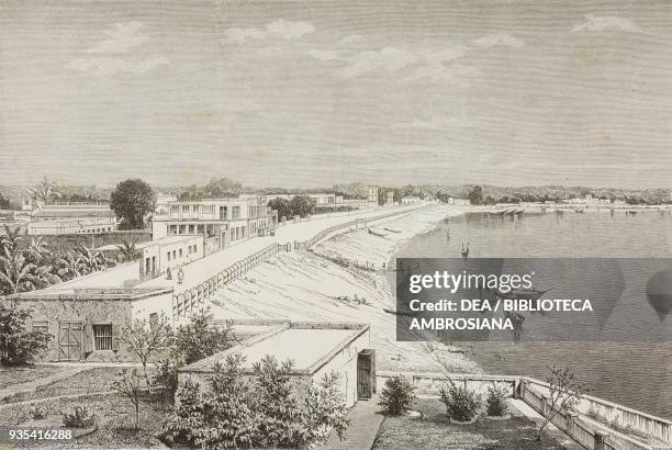 View of Chandannagar and the Hooghly river, engraving from India: travel in Central India and Bengal by Louis Rousselet .