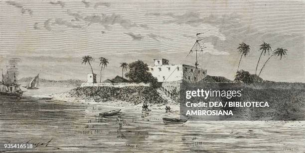 View of Diamond Harbour, on the Hooghly river east bank, engraving from India: travel in Central India and Bengal by Louis Rousselet .