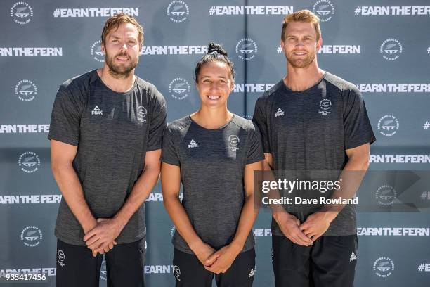 Captains Tim Mikkelson, Sarah Goss and Scott Curry during the Commonwealth Games Men's and Women's Rugby Sevens Selection Announcement at Blake Park...