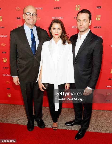 Axios Founder Mike Allen and actors Keri Russell and Matthew Rhys attend the Washington, D.C. Premiere of FX Networks' "The Americans" at The Newseum...