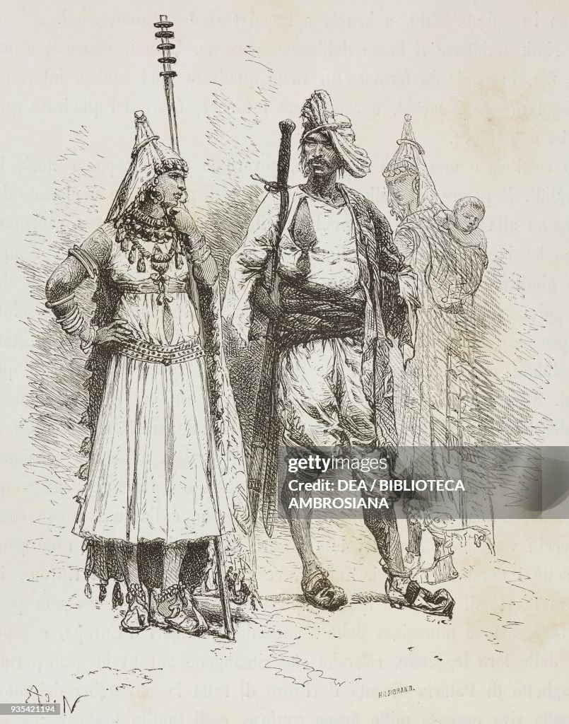 Man and woman from Banjari people, engraving