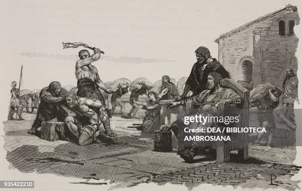 Man being whipped, servants' conditions in Italy during the reign of the Lombard King Clefi , engraving from the Middle Ages by Francesco Bertolini ,...