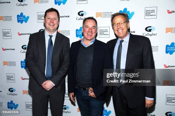 Tom Williams, Graeme Mason and Mark Johnson attend 'Breath' Premiere - Australian International Screen Forum at Francesca Beale Theater on March 20,...