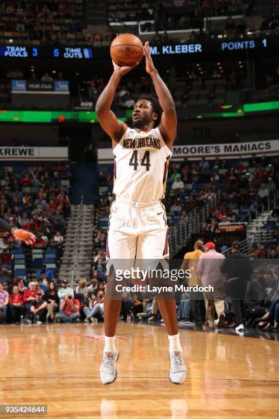 Solomon Hill of the New Orleans Pelicans shoots the ball against the Dallas Mavericks on March 20, 2018 at the Smoothie King Center in New Orleans,...