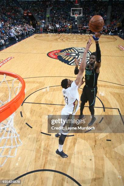 Nerlens Noel of the Dallas Mavericks shoots the ball against the New Orleans Pelicans on March 20, 2018 at the Smoothie King Center in New Orleans,...