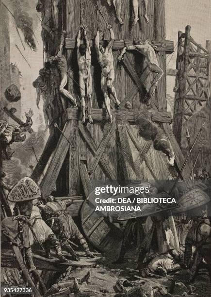 Frederick I Barbarossa laying siege to the city of Crema of 1159, with hostages hanging from the tower, engraving from the Middle Ages by Francesco...